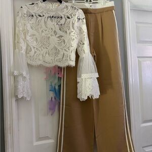 Wide-Leg High-Waist Track Pants in Camel with White Side Stripe